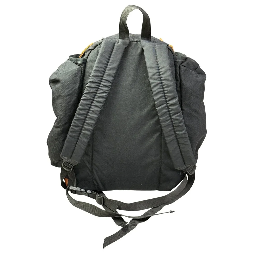 Vintage JanSport Backpack Black Canvas Brown Leather Bottom‎ Made in USA JS Logo